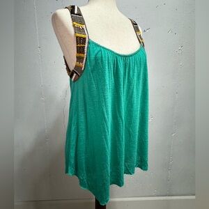 FREE PEOPLE $128 EUC Teal Gold Sleeveless Raw Edge Embroidered Bead Tunic Top L